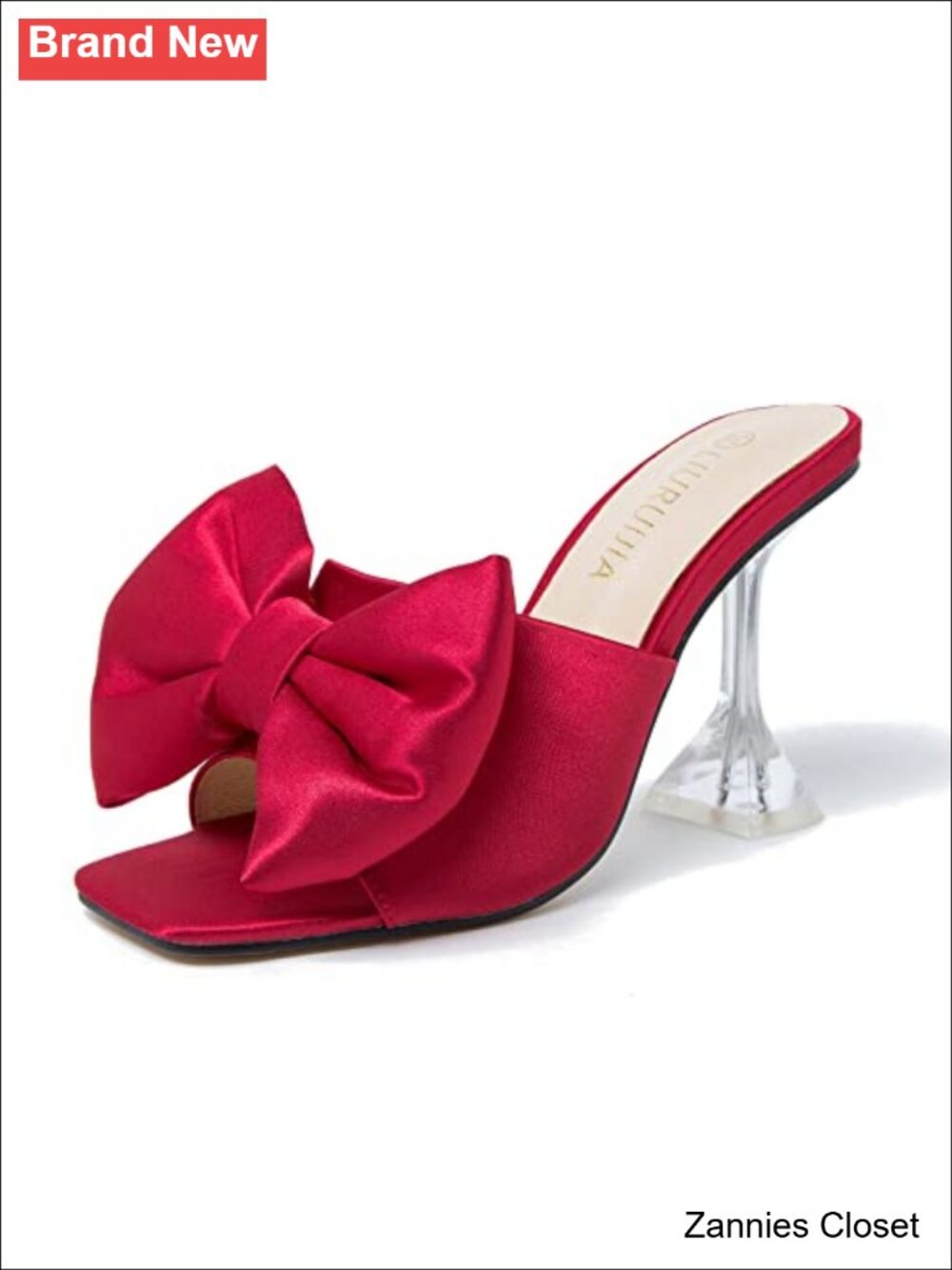 🤠 Satin Bow Mule Heels Square Open Toe Slip On Clear Heel Dress Sandals